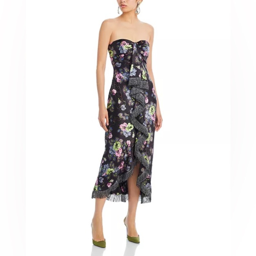 cinq a sept Black Strapless Floral Midi Dress